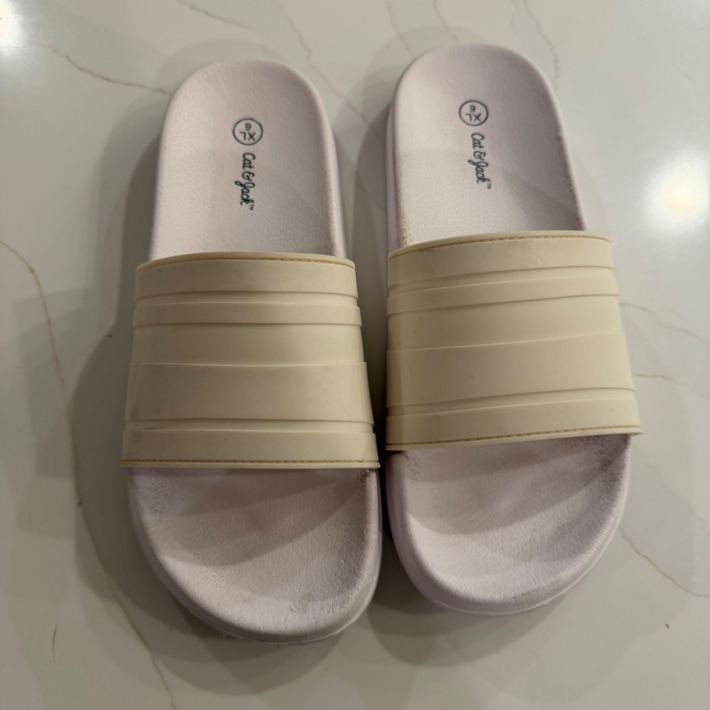 Cat & Jack‎ Kids Youth Slide Sandals Cream White Striped Strap Size XL 6